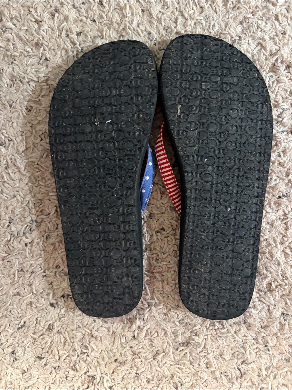 Sanuk Black Flip Flops with Red and Blue Patterned Straps - Picture 2 of 3